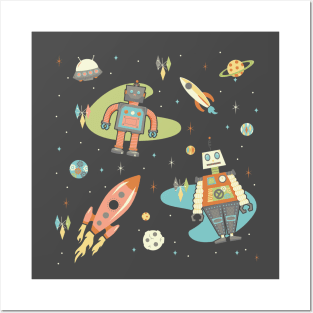 Vintage Inspired Robots in Space Posters and Art